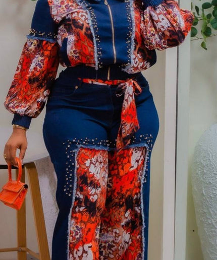 Dramatic Denim & Diamonds 2-Piece Set, Rhinestone Stretch Curvy Cotton Jeans, Birthday Party Dinner Outfit