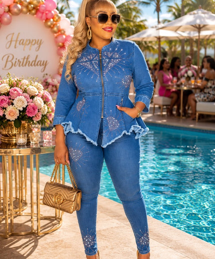 Sparkly Blue Denim & Diamonds Birthday Party Outfit 2-Piece Stretch Rhinestone Jeans Set