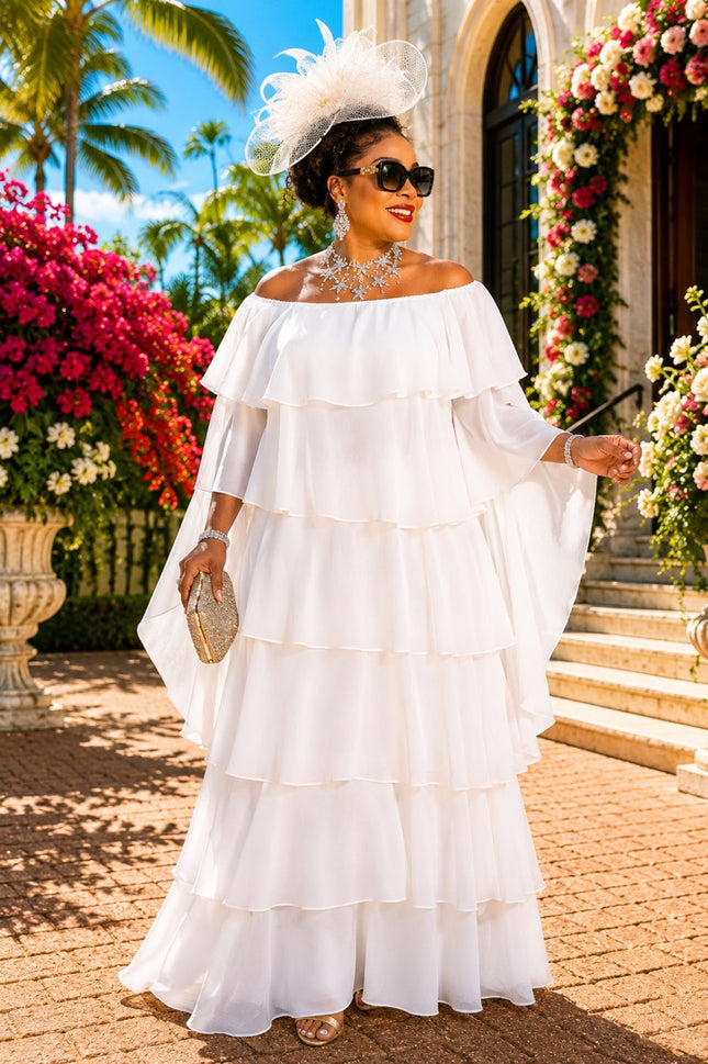 Pink Off-The-Shoulder Tiered Flower Flare Chiffon Maxi Dress for Wedding Guest Church Mother of The Bride Formal Evening Gown