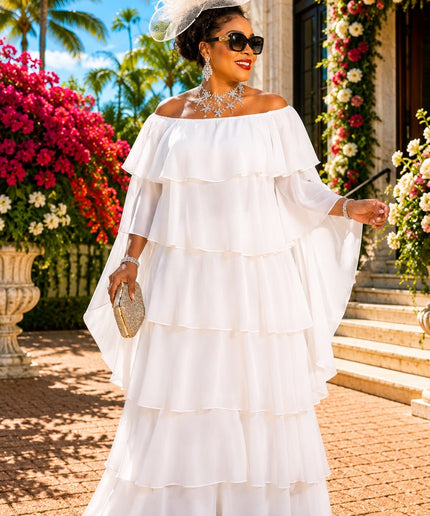 Pink Off-The-Shoulder Tiered Flower Flare Chiffon Maxi Dress for Wedding Guest Church Mother of The Bride Formal Evening Gown