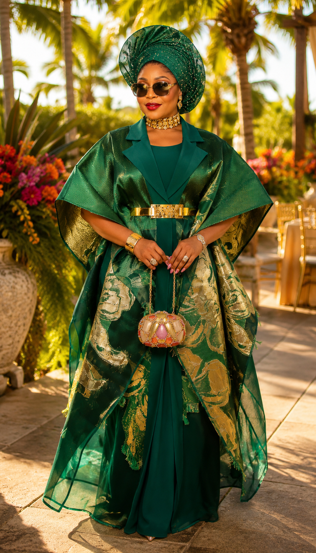 Luxury Green Brocade Kaftan Set, Elegant Formal Evening Gown Mother of The Bride Wedding Guest Attire Birthday Cocktail Party 2-Piece Outfit