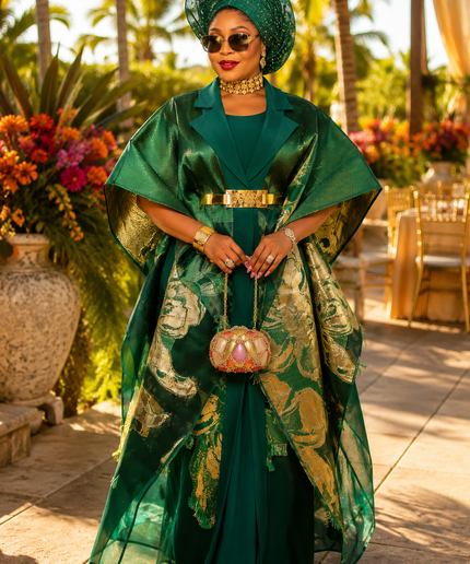 Luxury Green Brocade Kaftan Set, Elegant Formal Evening Gown Mother of The Bride Wedding Guest Attire Birthday Cocktail Party 2-Piece Outfit