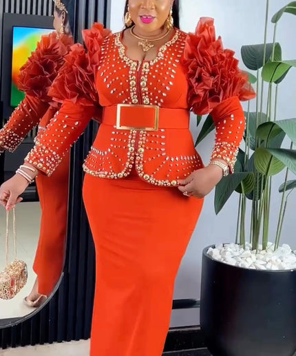 Orange Embellished Ruffle Sleeve Top & Skirt 2-Piece Set for Wedding Guest Birthday Party Celebrant Photoshoot