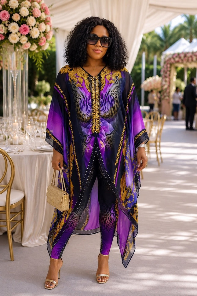Luxury Purple Rhinestone Embellished Kaftan Top and Matching Leggings Set, Summer Wedding Guest Birthday Party Dinner Resort Weekend Get-Together