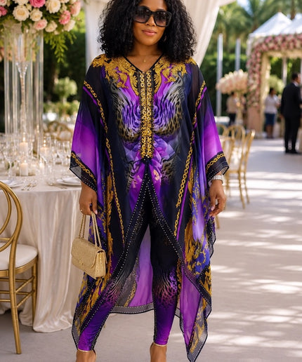 Luxury Purple Rhinestone Embellished Kaftan Top and Matching Leggings Set, Summer Wedding Guest Birthday Party Dinner Resort Weekend Get-Together