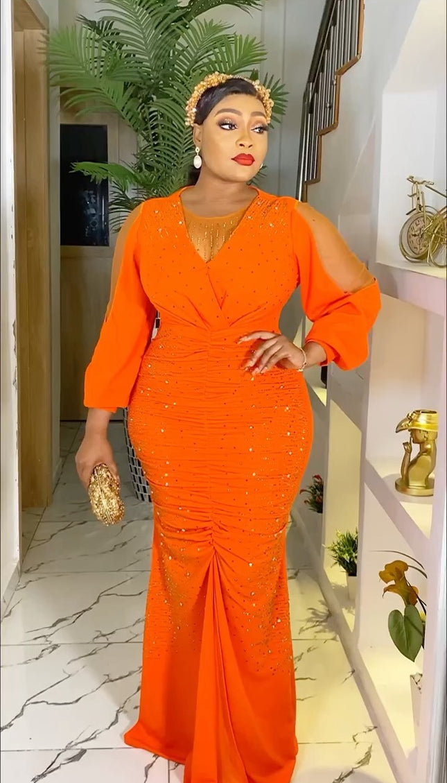 Orange Embellished Slit Sleeves Maxi Gown