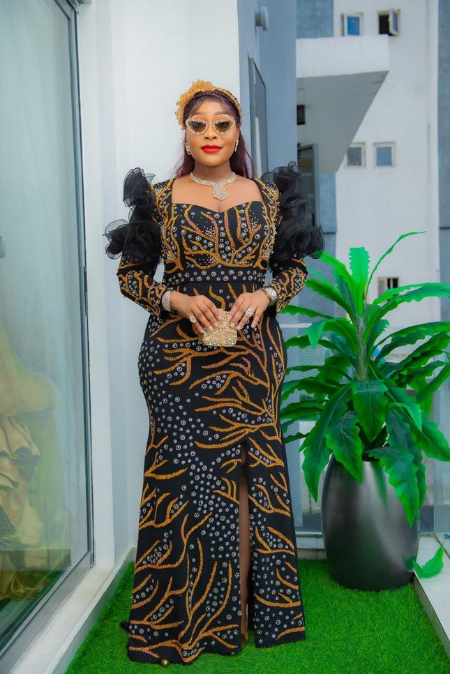 Ruffle Sleeve Embellished Evening Gown | Mother of The Bride Birthday Party