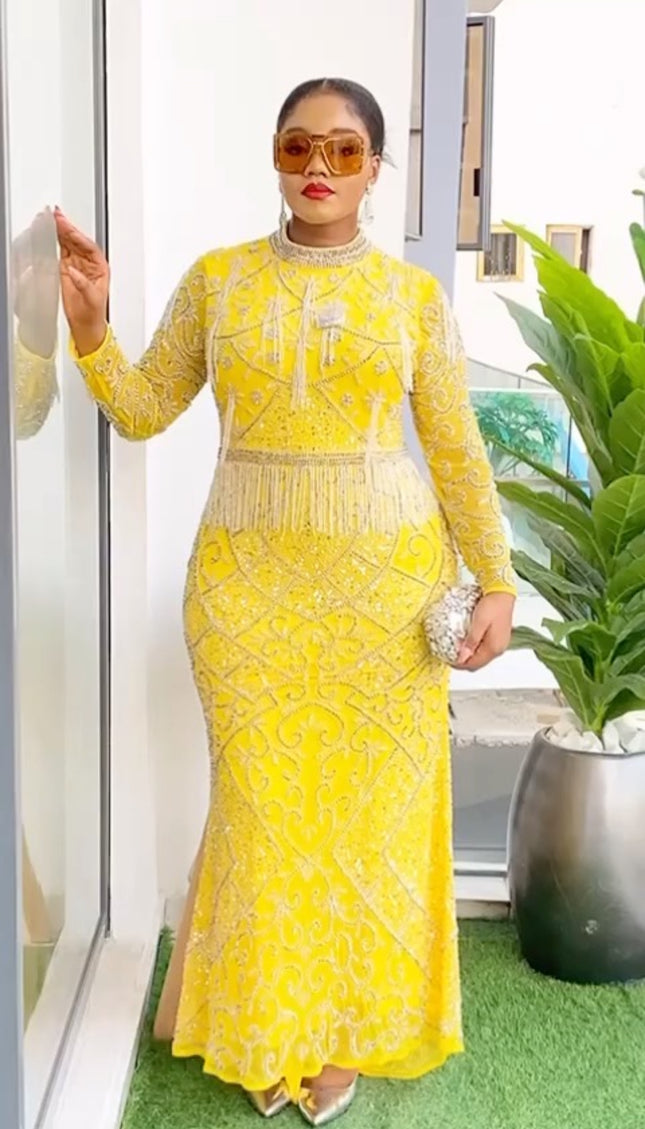 Beaded Embroidery Maxi Fringe Dress
