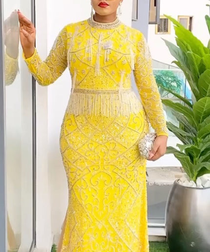 Beaded Embroidery Maxi Fringe Dress
