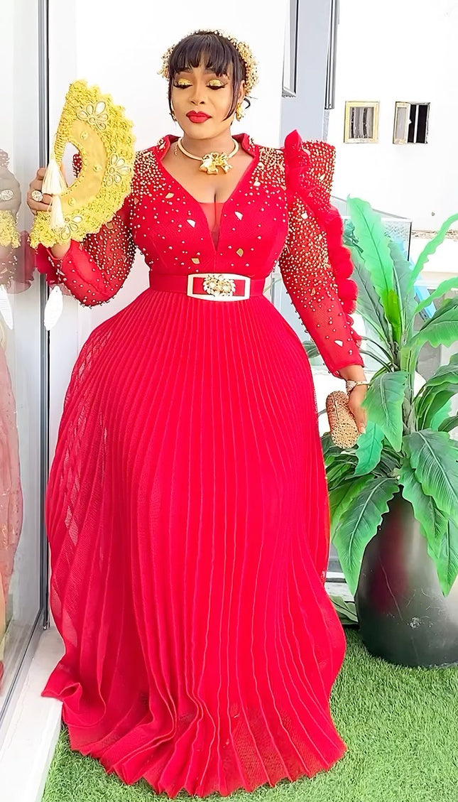Red Dramatic Sleeve Embellished Floor Length Maxi Gown | Party Birthday Mother-of-the-Bride Graduation