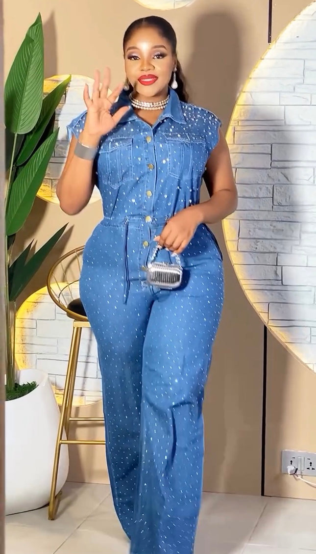 Curvy Denim & Diamonds Sleeveless Wide Leg Jumpsuit, Rhinestone Embellished Stretch Jeans Outfit: Birthday Party Photoshoot