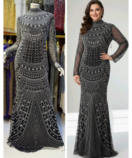 Orange Bead-Embellished Long Sleeve Mermaid Gown: Wedding Guest Attire Mother of the Bride Birthday Party Prom Dress