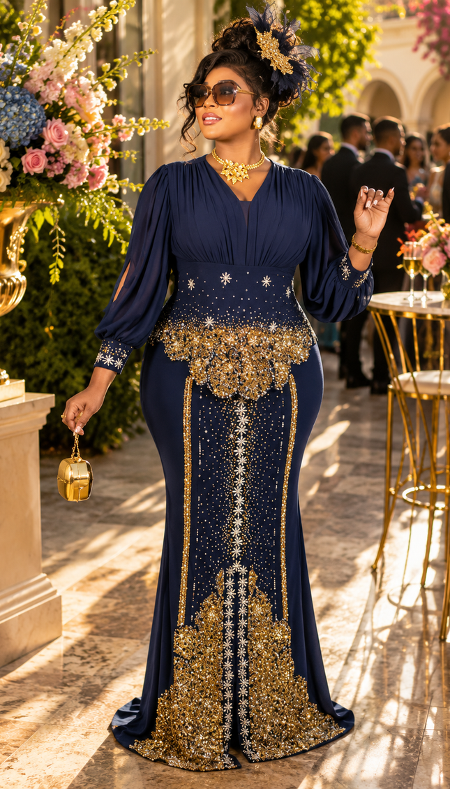 "RSVP Ready" Brown Rhinestone Split Sleeve Maxi Dress for Wedding Guest Cocktail Party Formal Evening Gown Plus Size