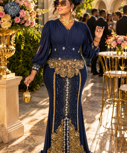 "RSVP Ready" Brown Rhinestone Split Sleeve Maxi Dress for Wedding Guest Cocktail Party Formal Evening Gown Plus Size