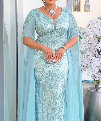 Cape Sleeve Gold Sequin Cocktail Mermaid Dress, Wedding Guest Maxi Dress, Plus Size Mother of The Bride Gown, Party Birthday Dinner Celebrant Worthy