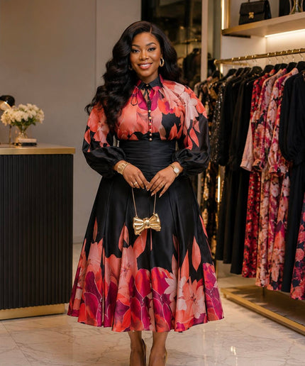 Pink Floral Twirl Skater Pleated Midi 2-Piece Skirt Set, Wedding Guest Outfit Church Anniversary Birthday Cocktail Tea Party