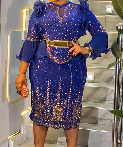 Blue Rhinestone-Embellished Ruffle Sleeve Midi Dress: Wedding Guest Birthday Cocktail Dinner