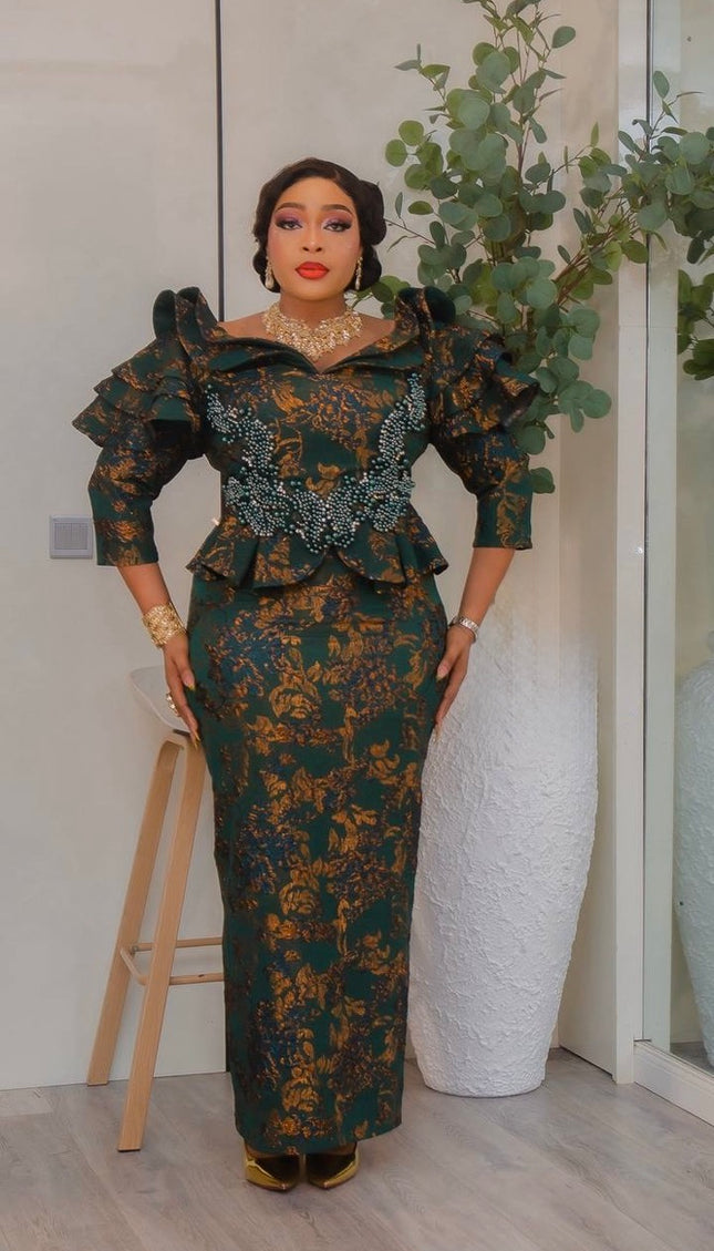 Purple Brocade Beaded Ruffle Sleeve Peplum Dress - Mother of The Bride Celebrant Birthday Party Formal Evening Outfit