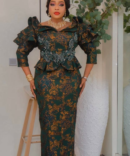 Purple Brocade Beaded Ruffle Sleeve Peplum Dress - Mother of The Bride Celebrant Birthday Party Formal Evening Outfit