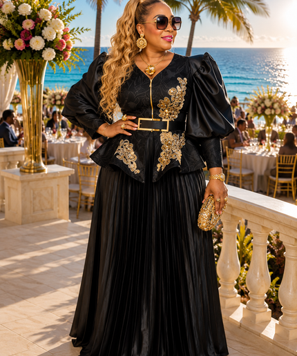 Statement Black Embroidered Applique Puff Sleeve Peplum Pleated Twirl A-Line Skirt Set, 2-Piece Women's Suit for Mother of Bride Wedding Guest Church Gala Cocktail Birthday Party Reception