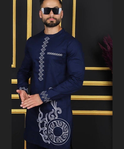 African Men's Traditional Wedding Attire, Black Embroidered Shirt & Pants Cotton 2-Piece Set, Groom Groomsmen Outfit Graduation Birthday Party
