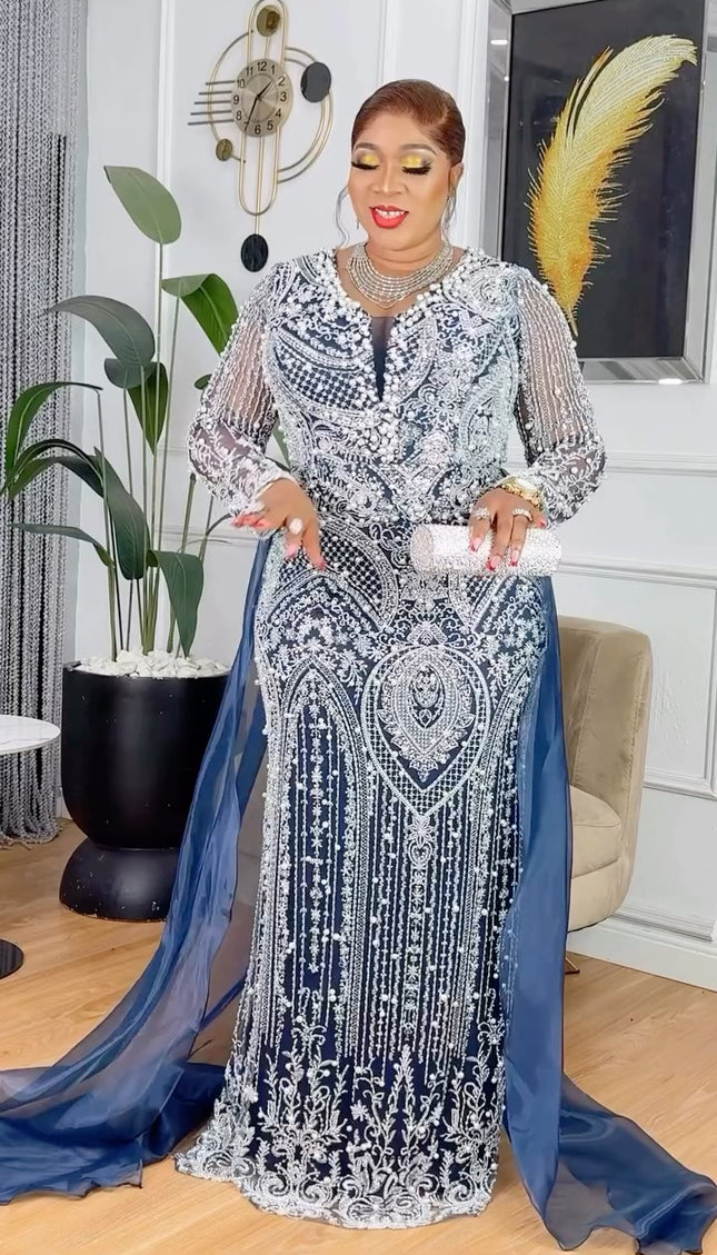 Plus Size Navy Beaded Mother of The Bride Mermaid Dress Overskirt, Wedding Guest Dress Floor Length Maxi, Birthday Formal Evening Party Wear