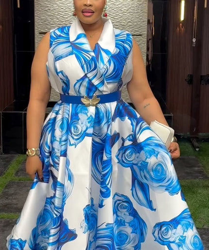 Summer Wedding Guest Dress Blue Floral Sleeveless Twirl Skater Pleated Midi Dress Engagement Ceremony Church Graduation Dinner Birthday Party Cocktail Outfit