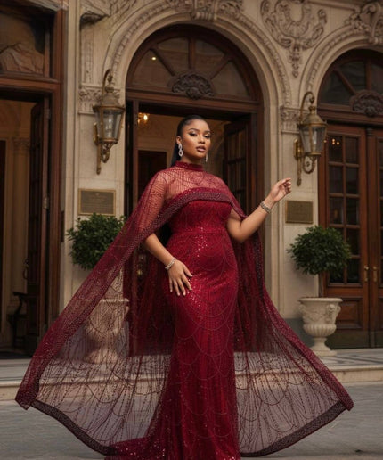 Black Embellished Cape Sleeve Maxi Dress: Wedding Guest Attire Birthday Party Mother of The Bride