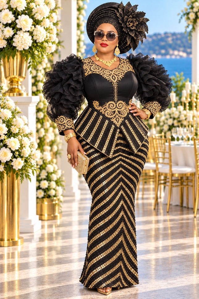 "No Competition" White & Gold Sequin Rhinestone Embellished Peplum Ruffle Sleeve Party Dress for Mother of The Bride Celebrant Birthday Party Turkey-Made Formal Gown Plus Size