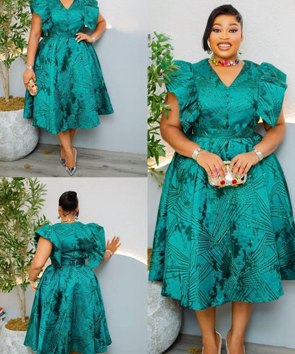 Blue Brocade Flare Sleeve Twirl Skater Midi Dress for Wedding Guest Birthday Photoshoot