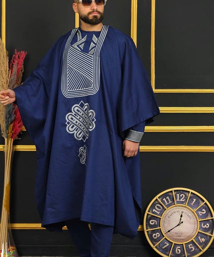 African Men's Traditional Wedding Attire, Embroidered Black Agbada Pants & Shirt Cotton 3-Piece Set, Groom Groomsmen Outfit Graduation Birthday Party