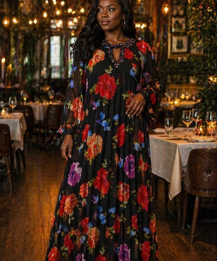 Orange Floral Embellished Neckline Pleated Twirl Skater Maxi Dress for Wedding Guest Mother of The Bride Birthday Photoshoot Cocktail Outfit
