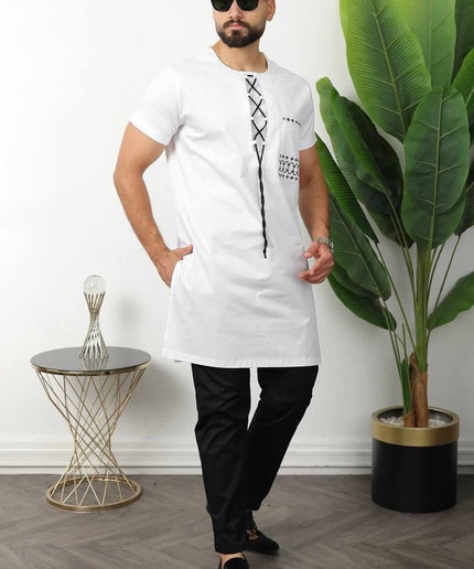 White Short Sleeve Embroidered Cotton Shirt & Pants: African Wedding Attire Groom Groomsmen Aso Ebi Birthday Party Outfit