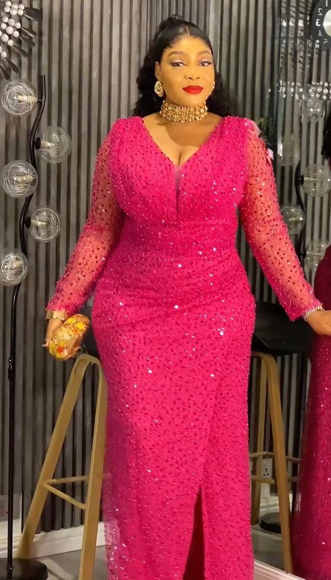 Plus Size Brown Sequin Long Sleeve Maxi Dress - Mother of The Bride Wedding Guest Attire