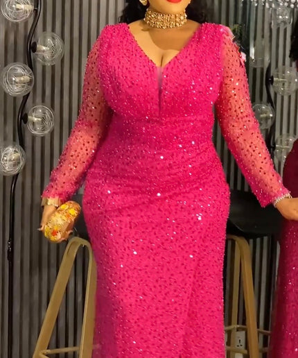 Plus Size Brown Sequin Long Sleeve Maxi Dress - Mother of The Bride Wedding Guest Attire