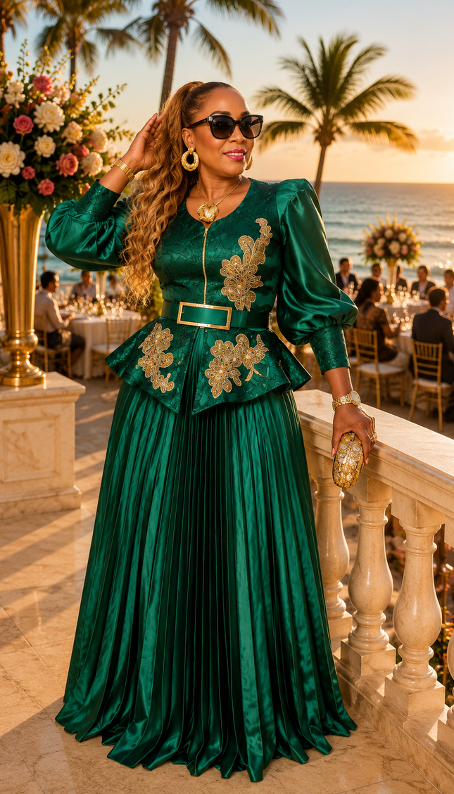 Stunning Gold Embellished Dramatic Sleeve Peplum Twirl A-Line Pleated Maxi Skirt Set 2-Piece Women's Suit for Mother of Bride Wedding Guest Church Gala Cocktail Birthday Party Reception