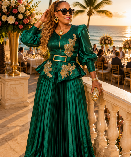 Statement Black Embroidered Applique Puff Sleeve Peplum Pleated Twirl A-Line Skirt Set, 2-Piece Women's Suit for Mother of Bride Wedding Guest Church Gala Cocktail Birthday Party Reception