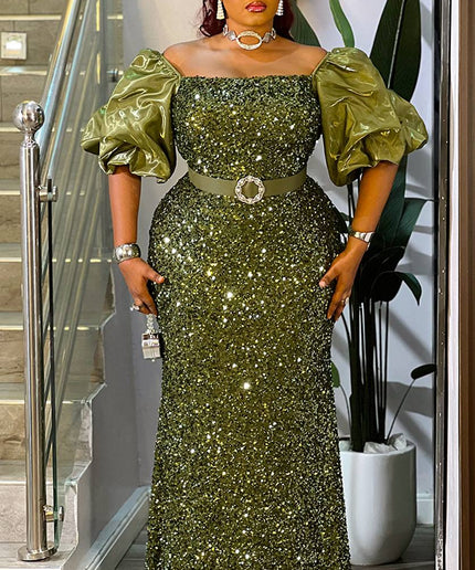 Burgundy Wine Sequin Puff Sleeve Maxi Dress for Wedding Guest Mother of The Bride