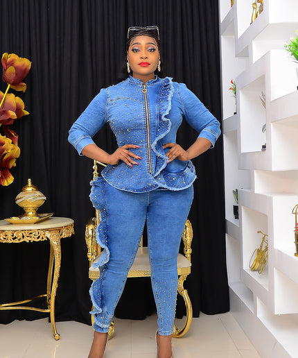 Blue Ruffle Denim & Diamonds 2-Piece Set Matching Peplum Stretch Jeans Cotton Birthday Party Outfit Ladies Night Date Concert Dance Graduation