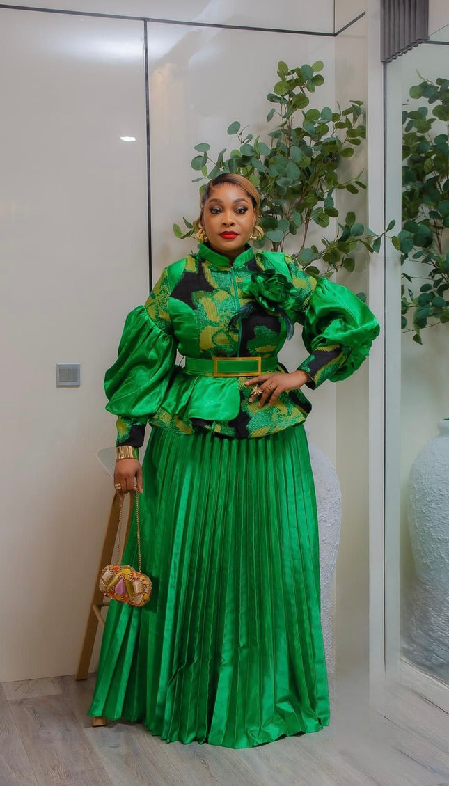 Green Brocade 3D Flower Peplum Top & Pleated A-Line Skirt 2-Piece Outfit Set for Mother of The Bride Wedding Guest Gala Birthday Photoshoot
