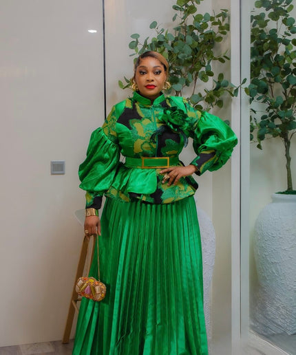 Green Brocade 3D Flower Peplum Top & Pleated A-Line Skirt 2-Piece Outfit Set for Mother of The Bride Wedding Guest Gala Birthday Photoshoot