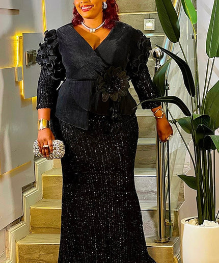 Blue Embellished Ruffle Sleeve Peplum Sequin Maxi Dress