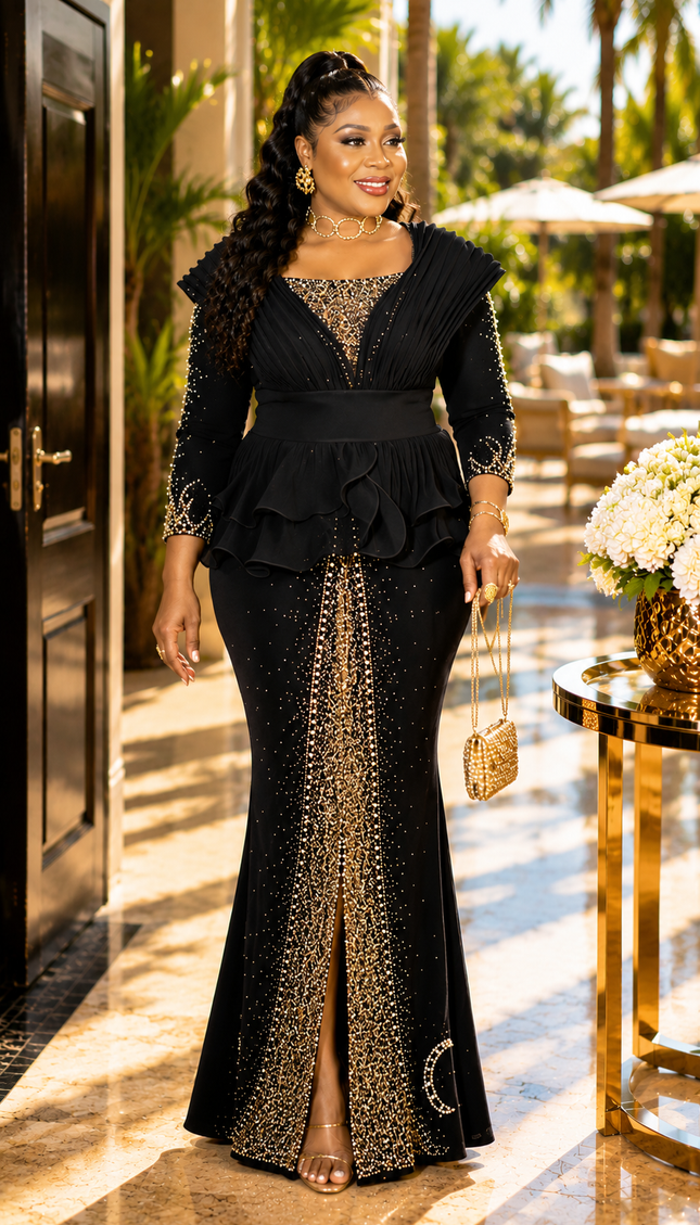 Classy Gold Rhinestone Structured Shoulder Ruffle Peplum Stretch Maxi Dress - Mother of The Bride Birthday Party Cocktail Reception Summer Wedding Guest Outfit Plus Size Formal Evening Gown