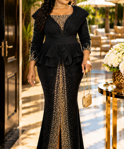Classy Black Rhinestone Structured Shoulder Ruffle Peplum Stretch Maxi Dress - Mother of The Bride Birthday Party Cocktail Reception Summer Wedding Guest Outfit Plus Size Turkish Formal Evening Gown