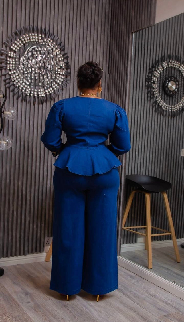 Denim and Diamonds 2 Piece Jeans Matching Peplum Top + Wide Pants Birthday Outfit Curvy Plus Size Party Wear