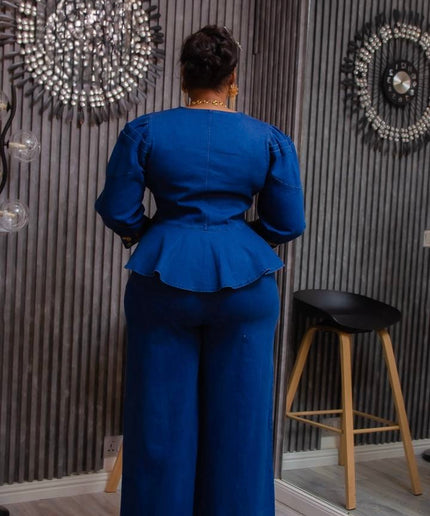 Denim and Diamonds 2 Piece Jeans Matching Peplum Top + Wide Pants Birthday Outfit Curvy Plus Size Party Wear