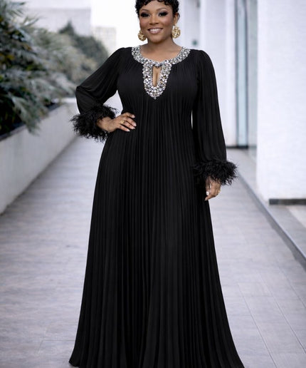 Classy Pink Rhinestone Feathered Pleated Twirl Skater Chiffon Maxi Dress, Wedding Guest Cocktail Gala Birthday Party Dinner