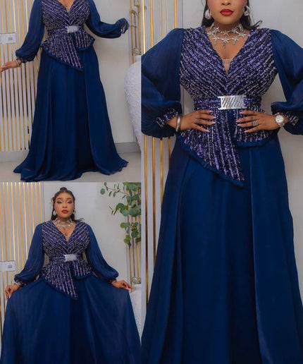 Blue Embellished Peplum A-Line Dress for Mother of The Bride Wedding Guest Gala Cocktail Formal Evening Gown