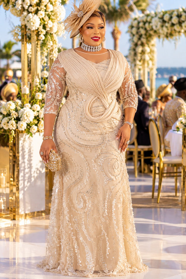 Elegant Gold Sculptural Shoulder Beaded Embellished Maxi Dress for Celebrant Birthday Party Wedding Guest Mother of Bride Formal Evening Gown
