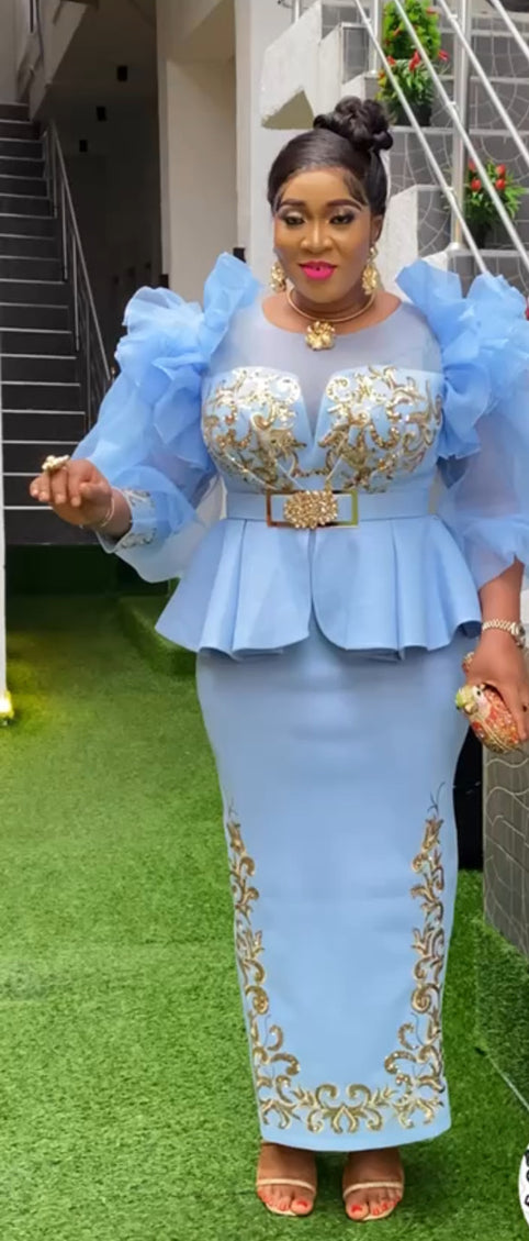 Embroidered Peplum Blouse and Skirt Set